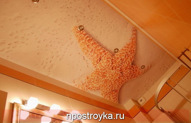 Матовый натяжной потолок с фотопечатью в ванной
