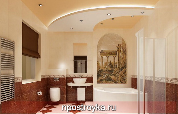 Матовый натяжной потолок с плавным переходом уровня в ванной